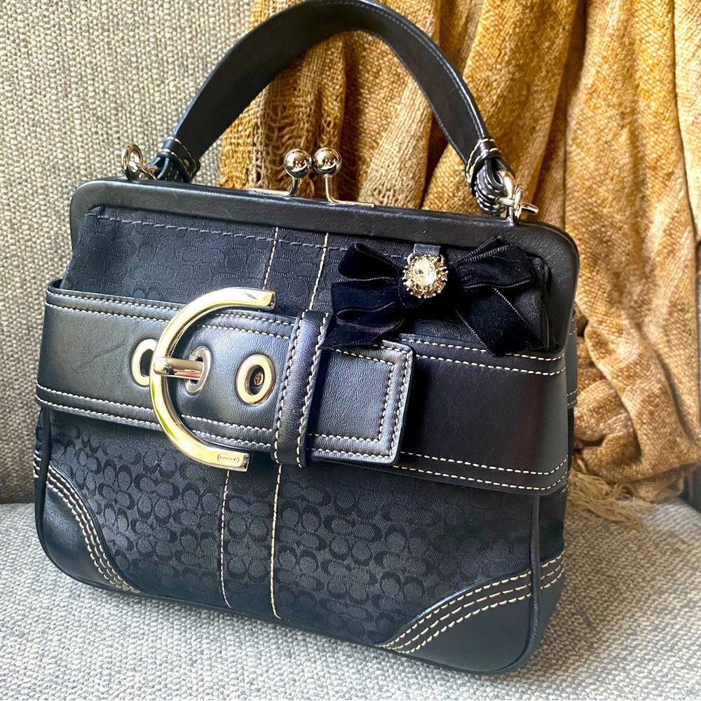 Coach Soho French Framed Kiss Lock Satchel Handbag Black 3649 Signature limited